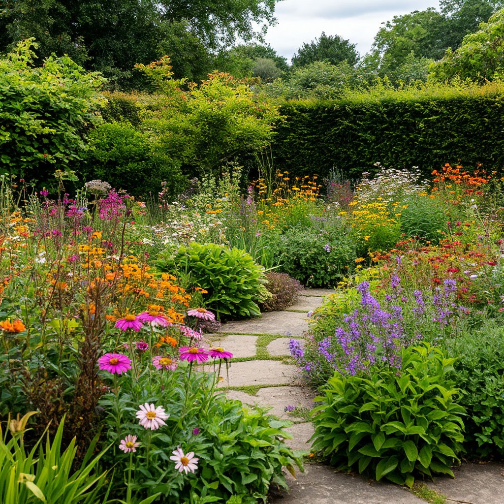 Garden with climate-appropriate plants showing seasonal variations