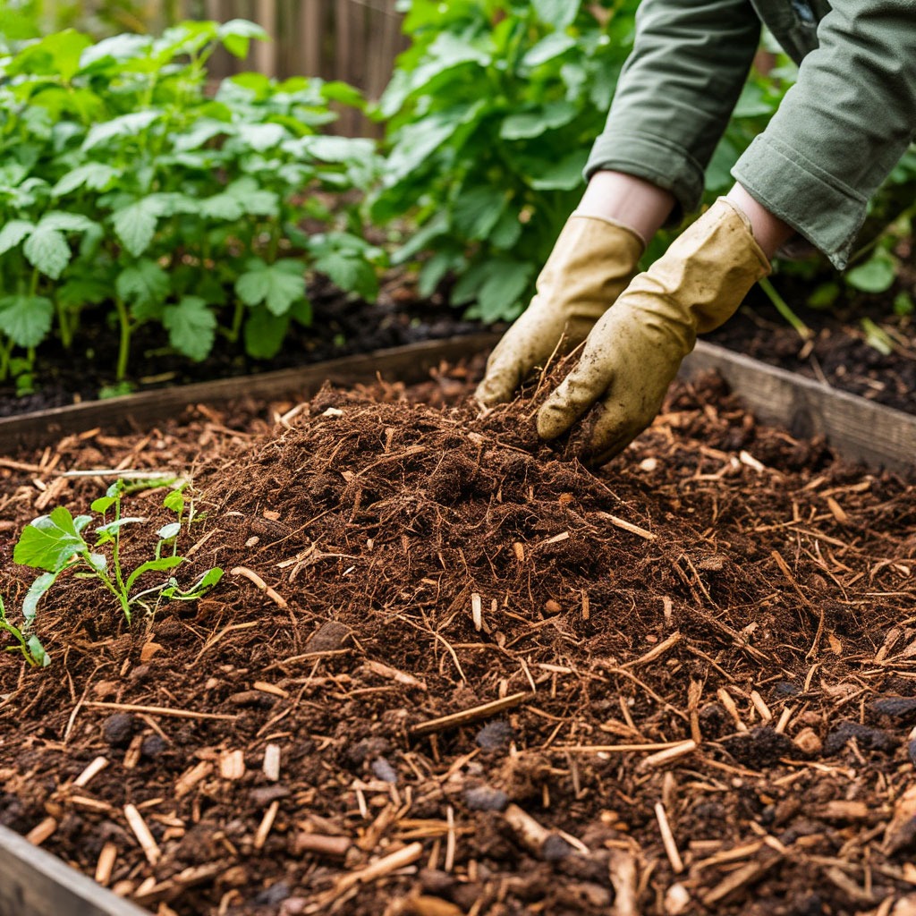 Composting system with organic materials and finished compost