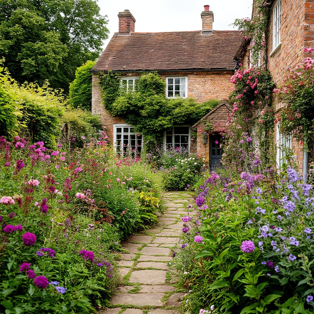 Traditional English cottage garden with mixed borders and climbing roses