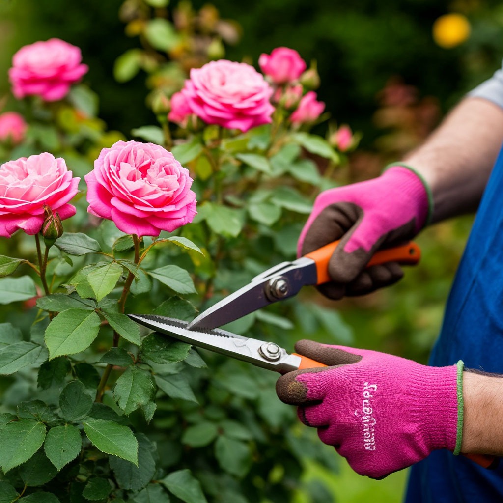 Professional gardener demonstrating proper pruning techniques on rose bushes