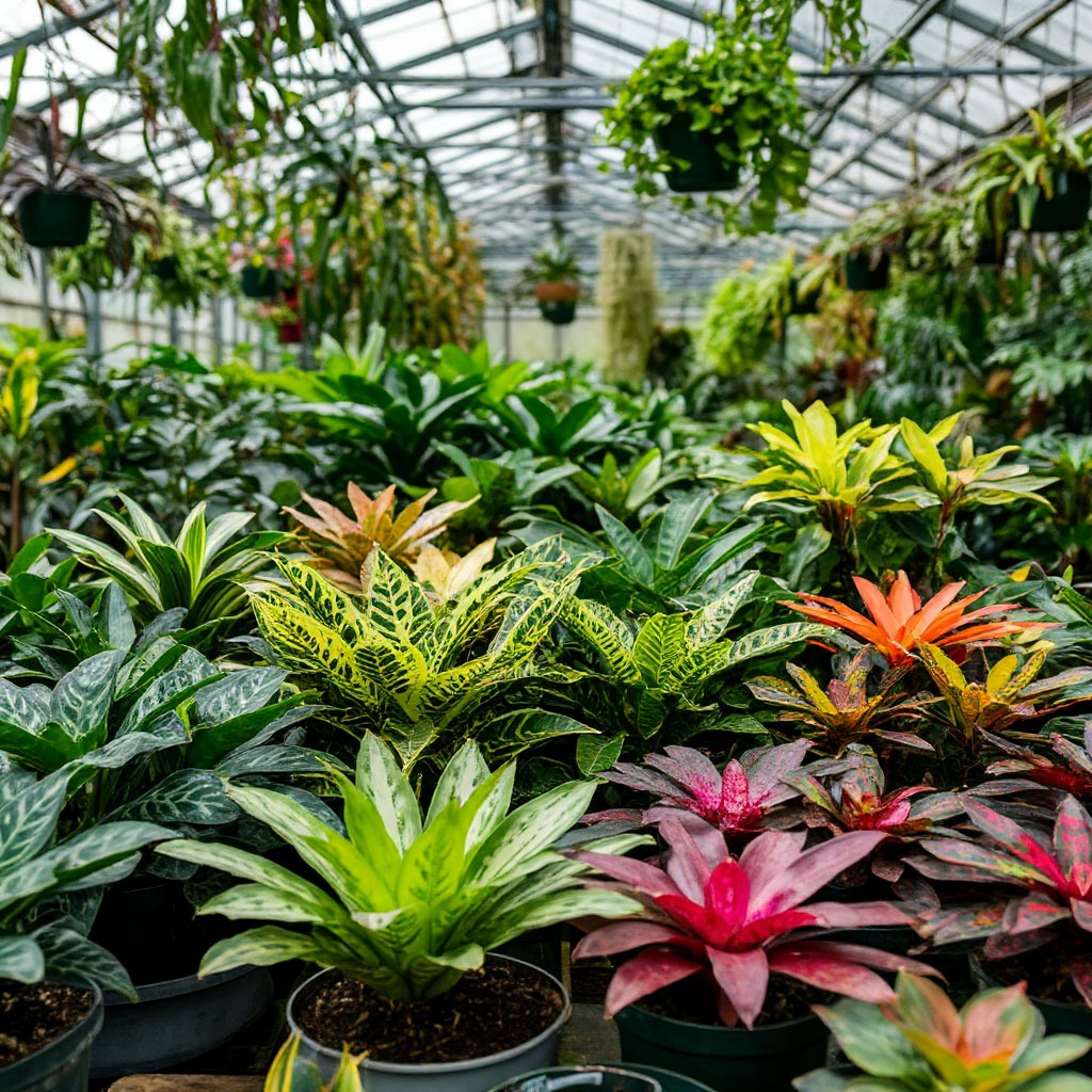 Exotic rare plants including orchids and tropical species in greenhouse setting