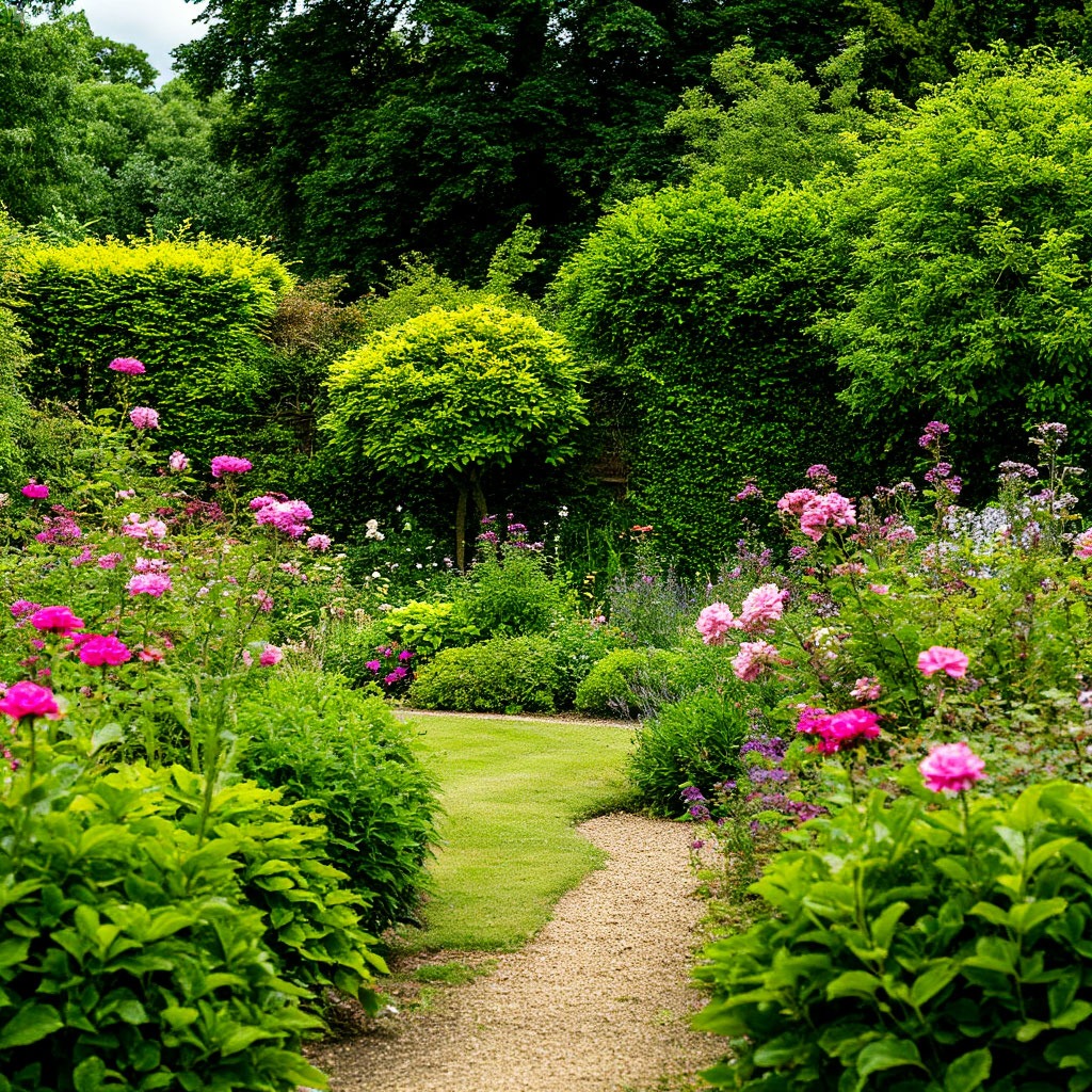 Beautiful British garden with lush greenery and flowers