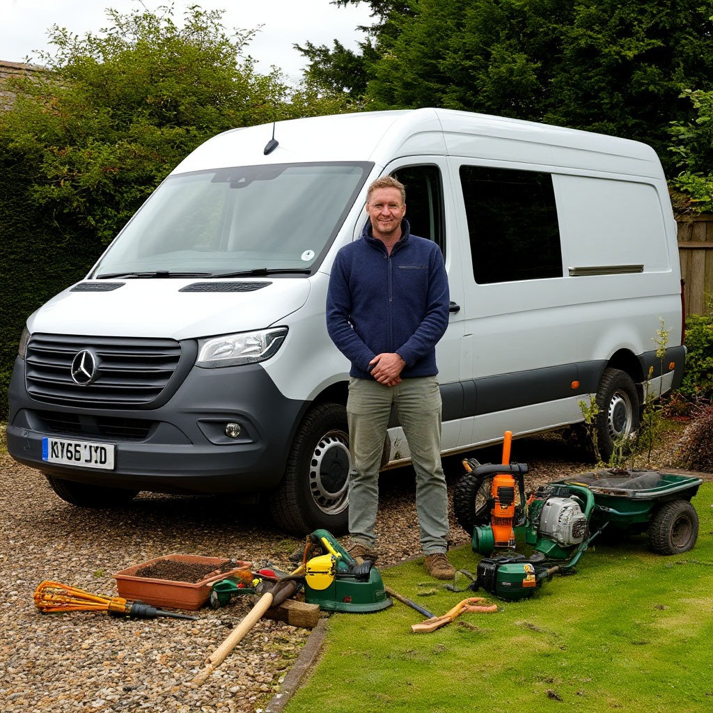 James with his gardening business van and professional equipment