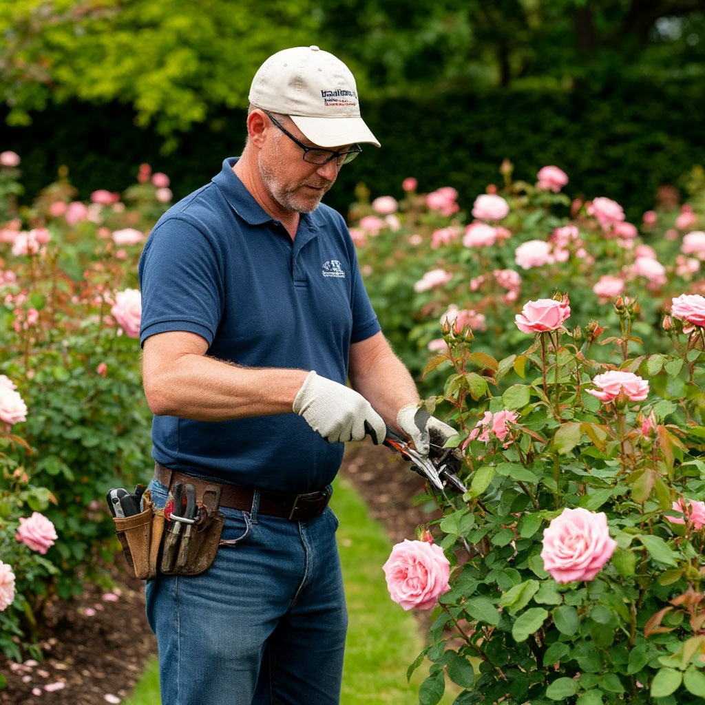 James demonstrating professional pruning techniques on a client's rose garden